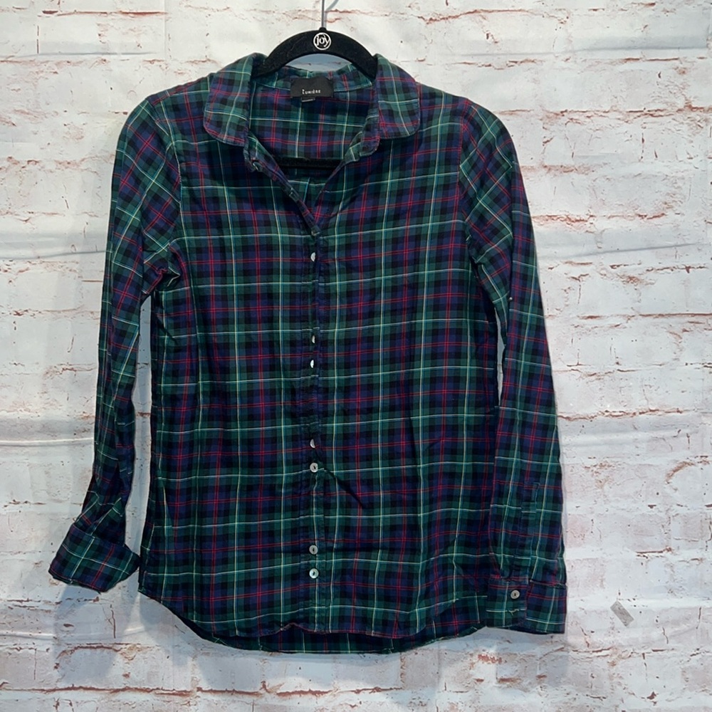 Lumiere Shirt womens Small Green Red Blue Plaid Button Front Long Sleeve Casual